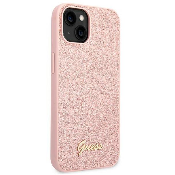 GUESS futerał do IPHONE 14 Plus GUHCP14MHGGSHP (Glitter Flakes Script Metal Logo) różowy