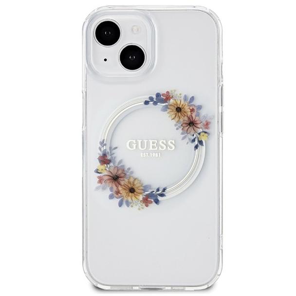 GUESS futerał do IPHONE 15 kompatybilny z MagSafe GUHMP15SHFWFCT (Flowers Wreath) transparentny