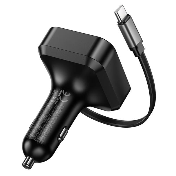 Ładowarka samochodowa Hoco ze zwijanym kablem 2 x USB C + USB A QC PD 65W NZ18 czarna