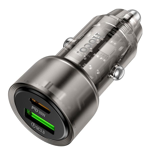 Ładowarka samochodowa Hoco USB A + USB C QC PD 38W Z52 transparentny czarny