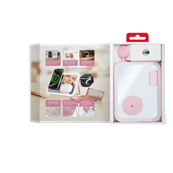 Forcell F-ENERGY Mag Mirror 3 in 1 15W ładowarka indukcyjna z kompatybilna z MagSafe / Apple Watch / Samsung Watch / Airpods różowa