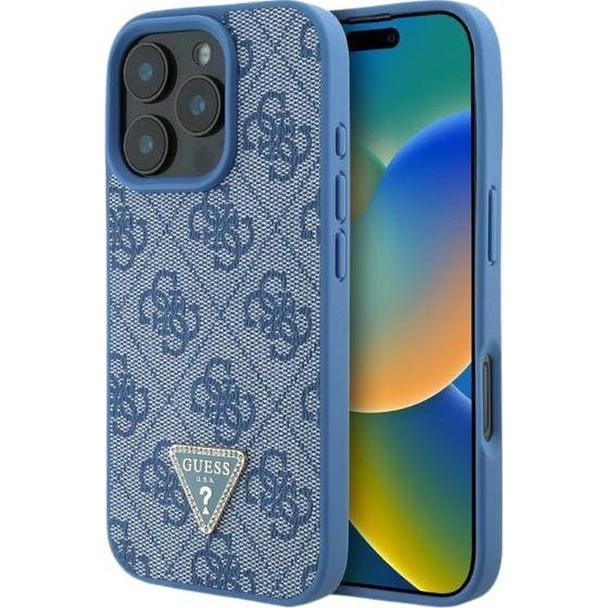 GUESS futerał do IPHONE 16 GUHCP16SP4TDPB (PU Leather 4G Triangle Strass) niebieski