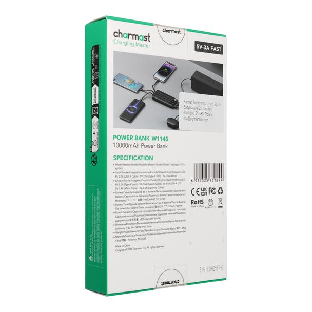 Powerbank 5V 3A 10000 mAh z wbudowanymi kablami USB A / USB C / Lightning / Micro USB Charmast W1148 czarny OINT