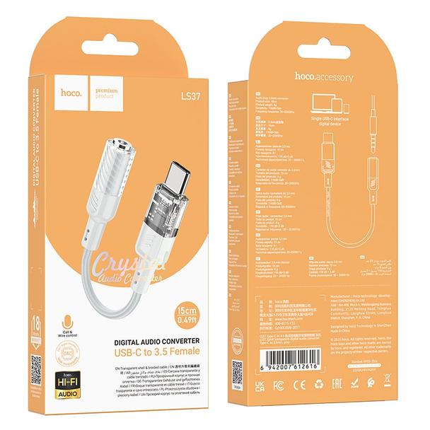 Adapter AUX USB C do Jack 3,5 mm Hoco 0,15 m LS37 transparentny szary