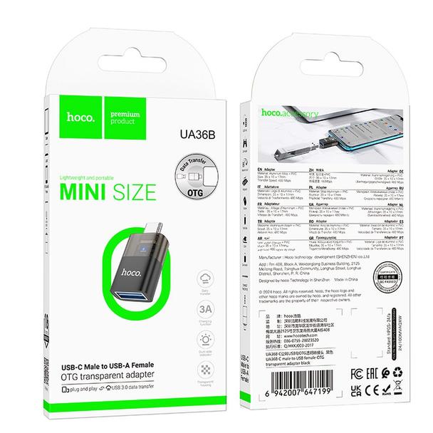 Adapter OTG USB C do USB A Hoco UA36B transparentny czarny