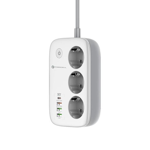 Listwa sieciowa Forcell F-Energy 3 gniazda + USB C 30W + 3 x USB A QC3.0 PD + WiFi Tuya, SmartLife 10A 2500W VT-PS03 biała 0INT