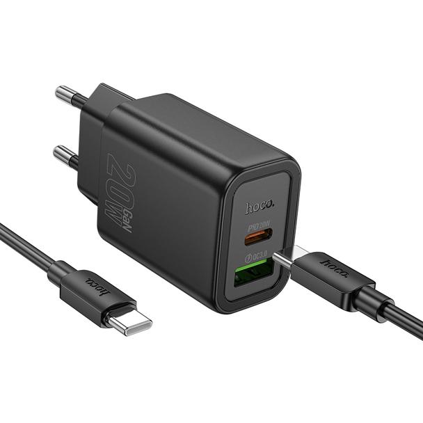 Ładowarka sieciowa do telefonu Hoco USB A + USB C QC3.0 PD 3A 20W + kabel USB C do USB C N61 czarna