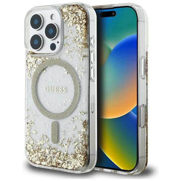GUESS futerał do IPHONE 16 Pro kompatybilny z MagSafe GUHMP16LRGRGED (Resin Bottom Glitter) złoty