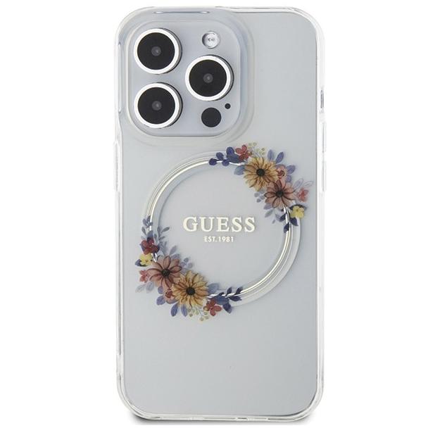 GUESS futerał do IPHONE 15 Pro Max kompatybilny z MagSafe GUHMP15XHFWFCT (Flowers Wreath) transparentny