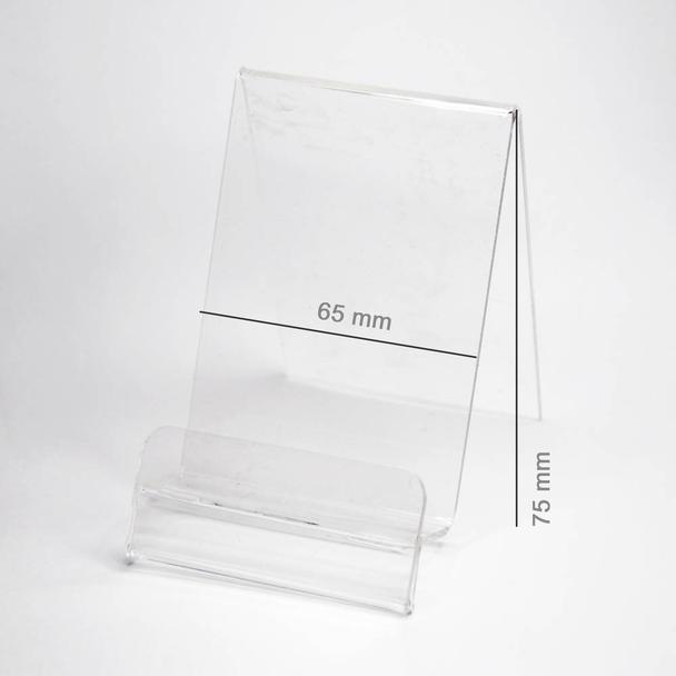 Podstawka Pionowa Plexi / Stojak na telefon z Zakładką na Cenę (Smartfon) szer. 65 mm