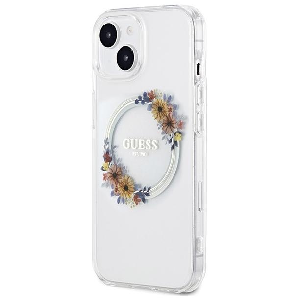GUESS futerał do IPHONE 15 kompatybilny z MagSafe GUHMP15SHFWFCT (Flowers Wreath) transparentny