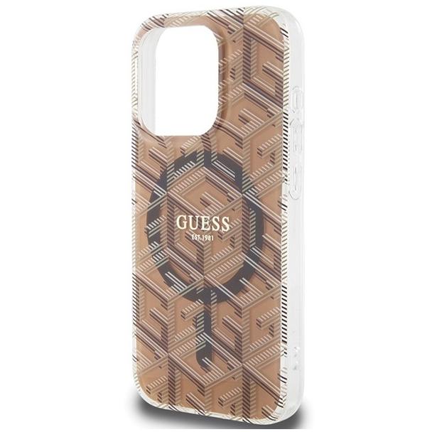 GUESS futerał do IPHONE 15 Pro kompatybilny z MagSafe GUHMP15LHGCUSTGW (IML GCUBE) brązowy