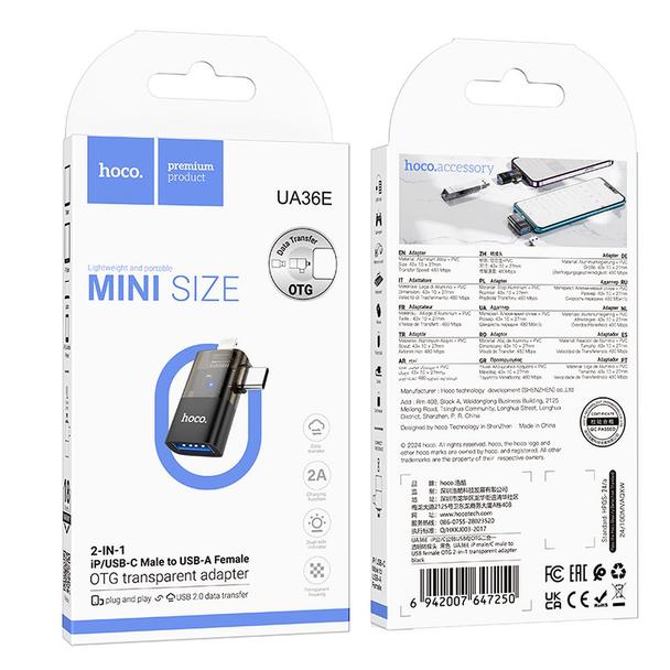 Adapter OTG 2w1 Lightning / USB C do USB A Hoco UA36E czarny