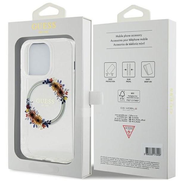 GUESS futerał do IPHONE 15 Pro Max kompatybilny z MagSafe GUHMP15XHFWFCT (Flowers Wreath) transparentny