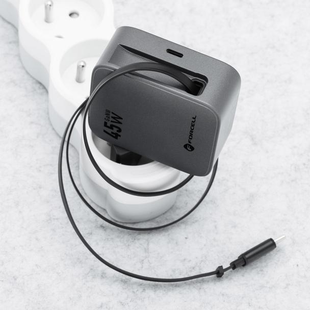 Ładowarka sieciowa do telefonu Forcell F-Energy GaN USB C + zwijany kabel USB C PD QC4.0 3A 45W VT-R5 szara