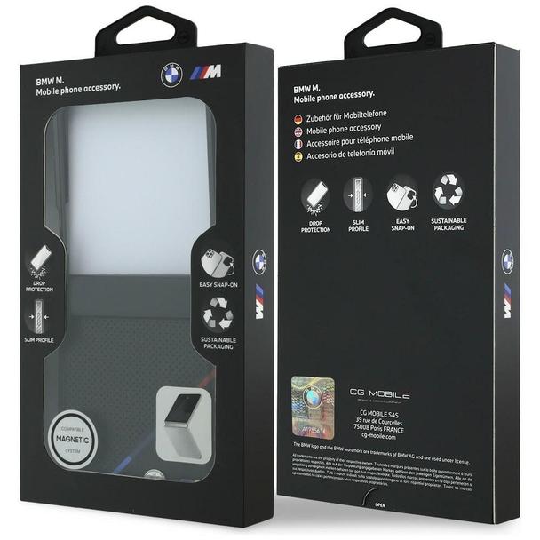 BMW futerał do SAMSUNG GALAXY Z FLIP 8 kompatybilny z MagSafe (Leather Perforated Tricolor Stripe Metal Logos) czarny