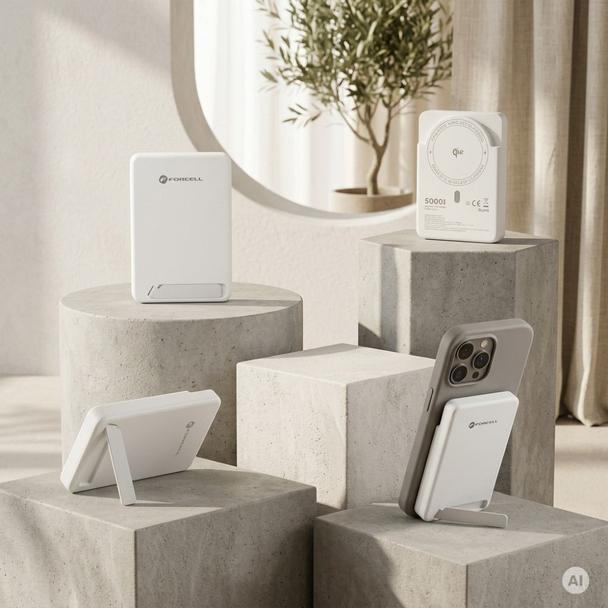Powerbank zgodny z MagSafe Forcell F-Energy MagStand QI2 F5K10 QC3.0 PD3.0 20W 5000 mAh biały 0INT