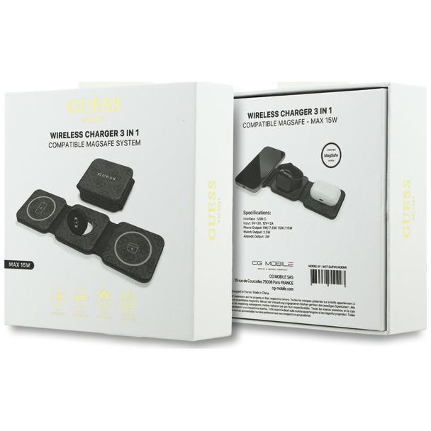 Ładowarka indukcyjna 3w1 zgodna z MagSafe 15W GUESS GUE005439 czarna
