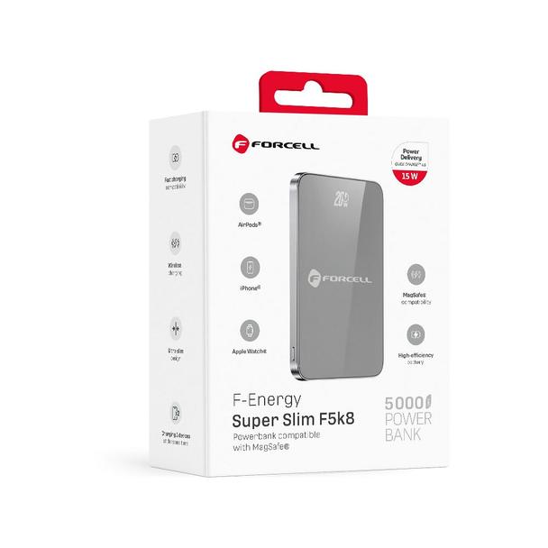 Powerbank zgodny z MagSafe Forcell F-Energy SuperSlim F5K8 QC4.0 PD3.0 15W 5000 mAh szary 0INT