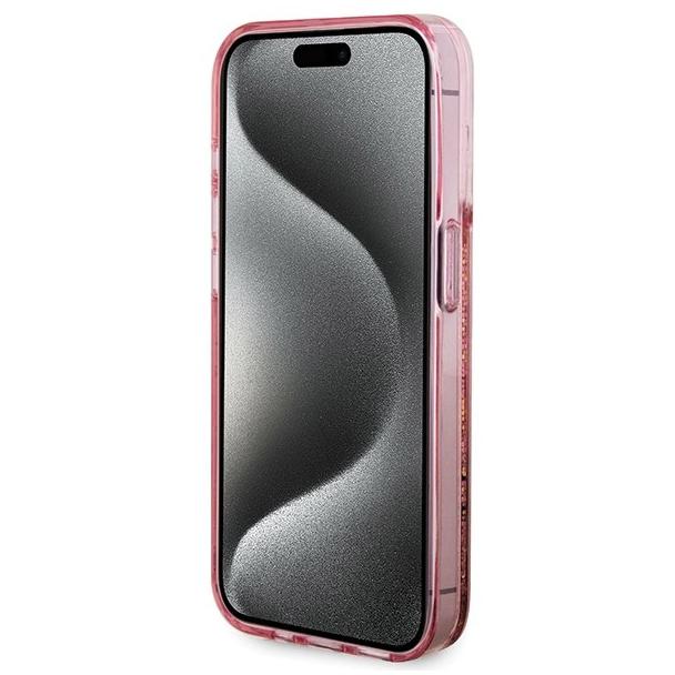 GUESS futerał do IPHONE 15 Pro GUHCP15LLFCSEGP (Liquid Glitter Gold Stripes) różowy