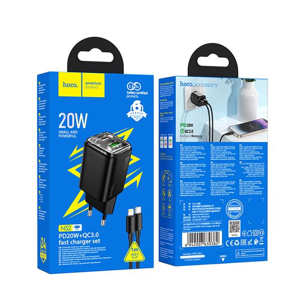 Ładowarka sieciowa do telefonu Hoco USB A + USB C QC3.0 PD 3A 20W + kabel USB C do Lightning N52 czarna