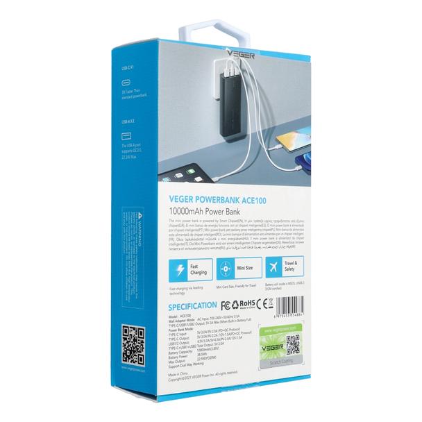 Powerbank Veger ACE100 (W1146) PD QC3.0 20W 10000 mAh czarny 0INT