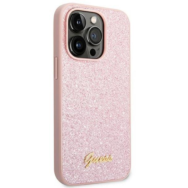 GUESS futerał do IPHONE 14 Pro GUHCP14LHGGSHP (Glitter Flakes Script Metal Logo) różowy
