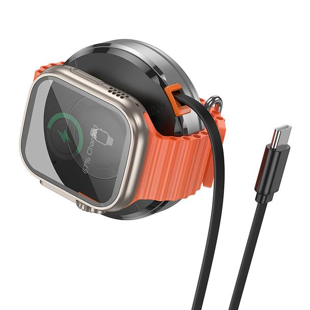 Ładowarka indukcyjna Hoco 15W z chowanym kablem USB C zgoda z MagSafe i Apple Watch CQ18 srebrna