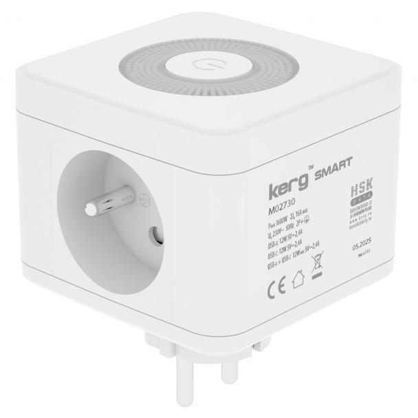 KERG Kostka zasilająca 2-gniazdowa + ładowarka USB-A+USB-C + lampka LED 16A/250V~ Smart biała