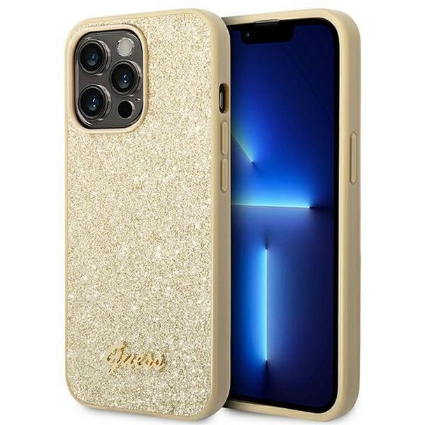 GUESS futerał do IPHONE 14 Pro Max GUHCP14XHGGSHD (Glitter Flakes Script Metal Logo) złoty
