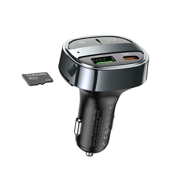 Ładowarka samochodowa Hoco USB A + USB C PD QC3.0 5A 30W z wyświetlaczem + transmiter FM BT E70 czarny