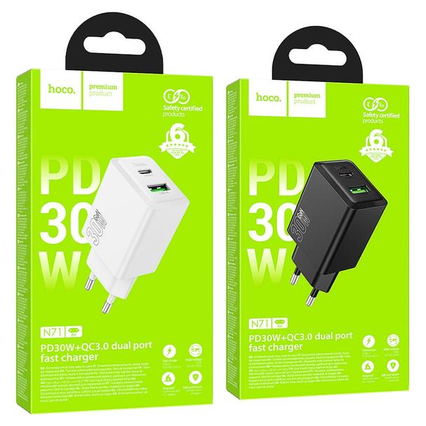 Ładowarka sieciowa do telefonu Hoco USB A + USB C QC3.0 PD AFC 3A 30W N71 biała