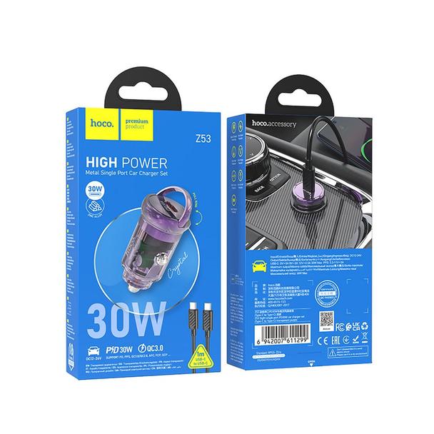 Ładowarka samochodowa Hoco USB C + kabel USB C do USB C QC3.0 PD 30W Z53 fioletowa