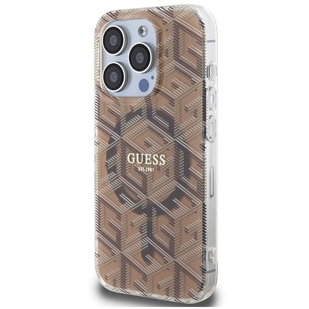 GUESS futerał do IPHONE 15 Pro kompatybilny z MagSafe GUHMP15LHGCUSTGW (IML GCUBE) brązowy