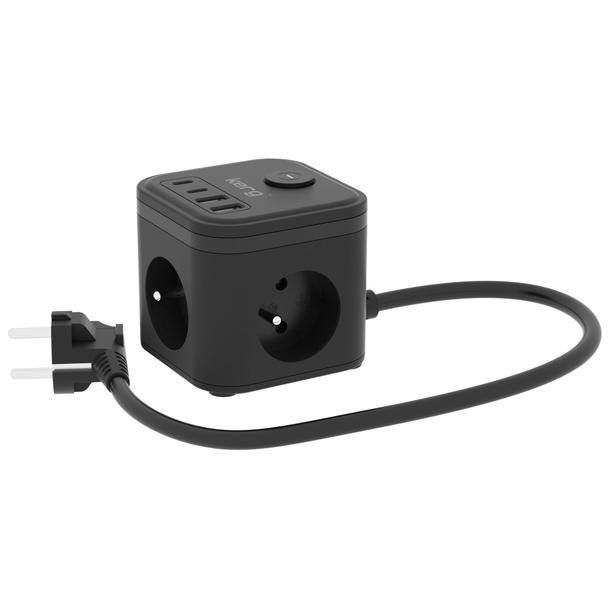 KERG Kostka zasilająca 3-gniazdowa + szybka ładowarka USB-A+USB-C 1,5m 3×1,5mm2 H05VV-F 16A/250V~ Smart czarna