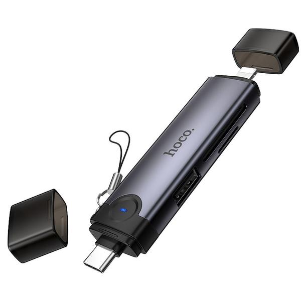 Czytnik kart SD/TF 3.0 + USB 2.0 USB-C/Lightning Hoco HB56B szary