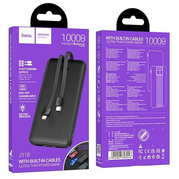 Powerbank Hoco 10000 mAh 2A z wbudowanymi kablami USB C + Lightning J118 czarny