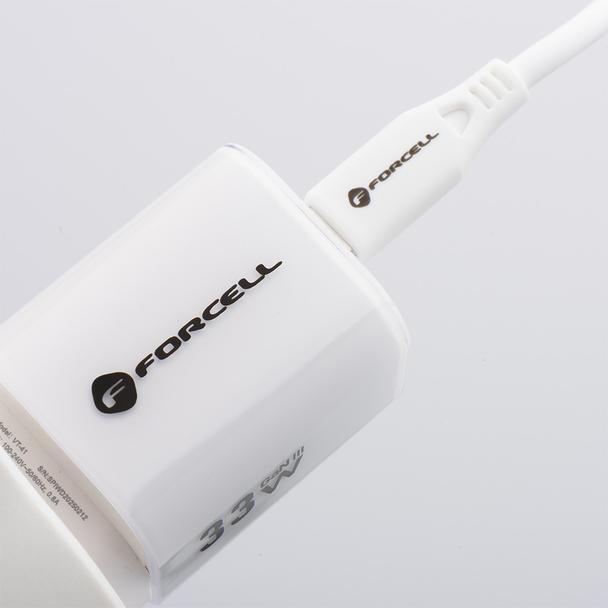 Ładowarka sieciowa do telefonu Forcell F-Energy GaN III Crystal Color USB C + USB A QC4.0 PD 33W + kabel USB C do USB C VT-41 biała 0INT