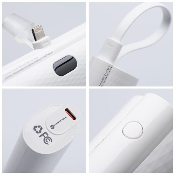 Powerbank Forcell F-Energy Power Plug F5K3 PD 20W 5000 mAh z wbudowanym złączem Lightning biały