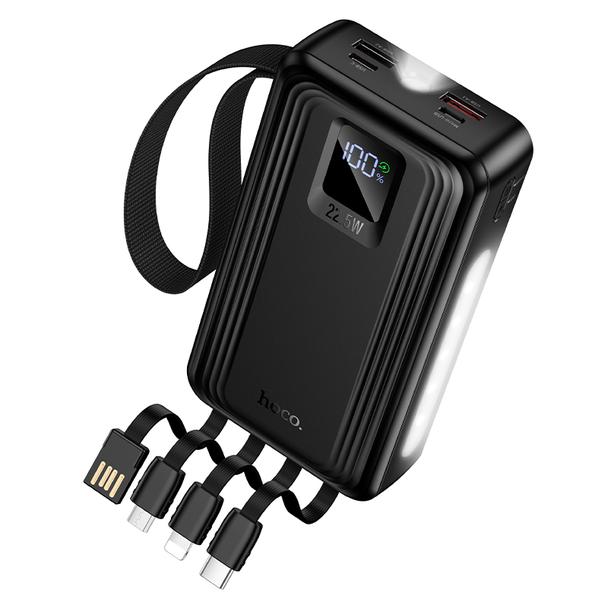 Powerbank 20000 mAh QC PD 22,5W z wbudowanymi kablami USB A + USB C + Lightning + Micro USB oraz dwoma latarkami Hoco J173 czarny