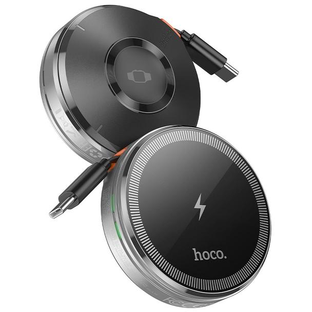 Ładowarka indukcyjna Hoco 15W z chowanym kablem USB C zgoda z MagSafe i Apple Watch CQ18 srebrna
