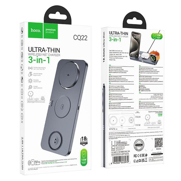 Ładowarka indukcyjna Hoco 3w1 składana kompatybilna z MagSafe i APPLE Watch 3A 15W CQ22 szara