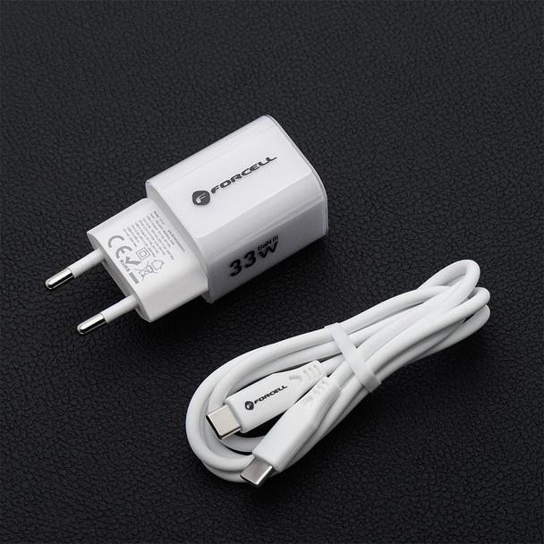 Ładowarka sieciowa do telefonu Forcell F-Energy GaN III Crystal Color USB C + USB A QC4.0 PD 33W + kabel USB C do USB C VT-41 biała 0INT