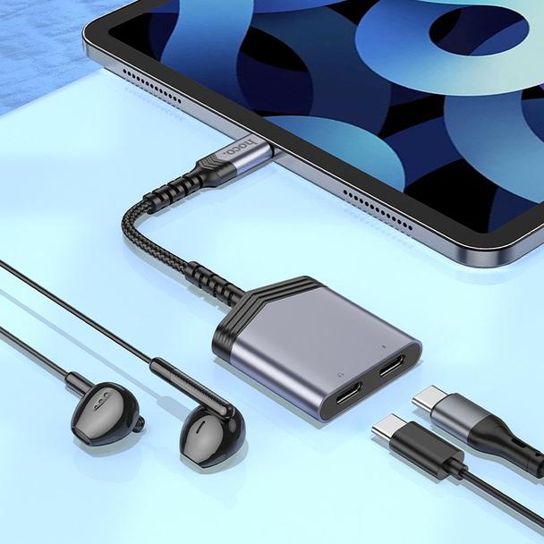 Adapter AUX 2w1 USB C do 2 x USB C Hoco 27W LS40 szary