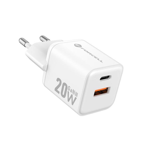 Ładowarka sieciowa do telefonu Forcell F-Energy Mini GaN III USB C + USB A QC4.0 PD 20W VT-35A biała 0INT