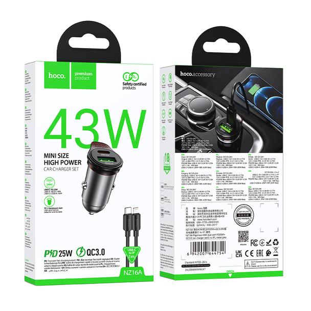 Ładowarka samochodowa Hoco USB A + USB C QC3.0 PD 3A 43W + kabel USB C do Lightning NZ16A szara
