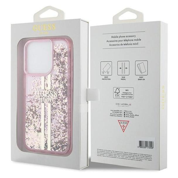 GUESS futerał do IPHONE 15 Pro GUHCP15LLFCSEGP (Liquid Glitter Gold Stripes) różowy