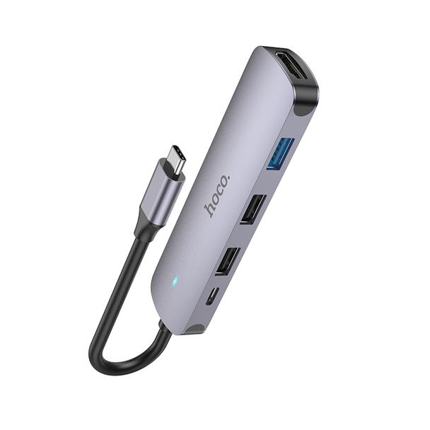 Adapter HUB 5w1 (HDTV+USB 3.0+USB 2.0 x 2+PD) USB-C Hoco HB27 szary