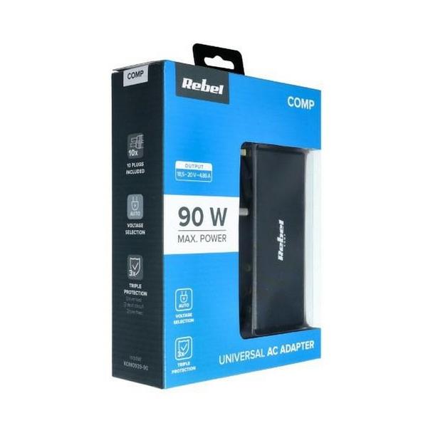 REBEL uniwersalny zasilacz sieciowy 90W 18-20V automatyczny 11 końcówek czarny