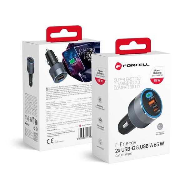 Ładowarka samochodowa Forcell F-Energy Alu 2 x USB C + USB A QC4.0 PD SFC2.0 4,5A 65W szara